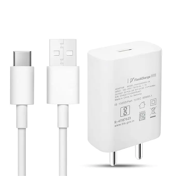 44W Ultra Fast Flash USB Type C Charger for Vivo V30/V29/V28/V27/V25/V23e/V23 pro/V21 5G/Iqoo Neo 9 pro/12 5G/Neo 7 pro/Z7/Z7S, Data Sync & Fast Charging Type-C Cable - White
