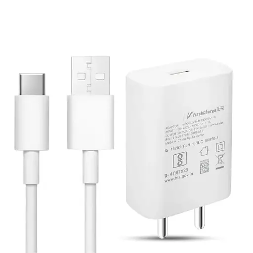 44W Ultra Fast Flash USB Type C Charger for Vivo V30/V29/V28/V27/V25/V23e/V23 pro/V21 5G/Iqoo Neo 9 pro/12 5G/Neo 7 pro/Z7/Z7S, Data Sync & Fast Charging Type-C Cable - White